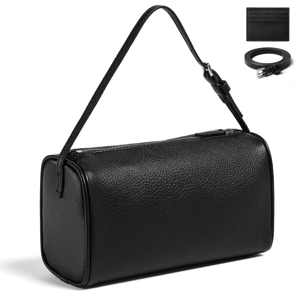 Women Black Genuine Calfskin Leather Barrel Crossbody Bag with Adjustable Strap